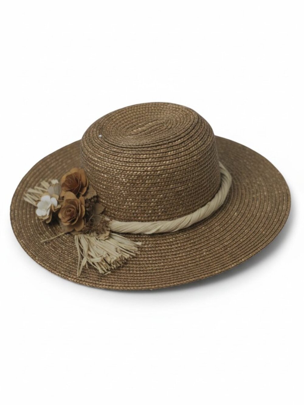 Vintage Straw Hat Wide Brim Floral Raffia Garden Party Derby Women 22 Inch
